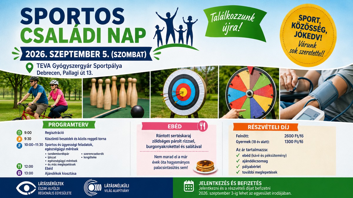 A Látássérültek Észak-alföldi Regionális Egyesületének plakátja a 2026. szeptemberi körzeti csoportvezetői fogadóórákról. A plakát tartalmazza a csoportvezetők nevét, telefonszámát, e-mail-címét, valamint a fogadóórák időpontját és helyszínét. Külön jelzés tájékoztat arról, hogy Markos Mirella szeptemberi ügyfélfogadása elmarad.