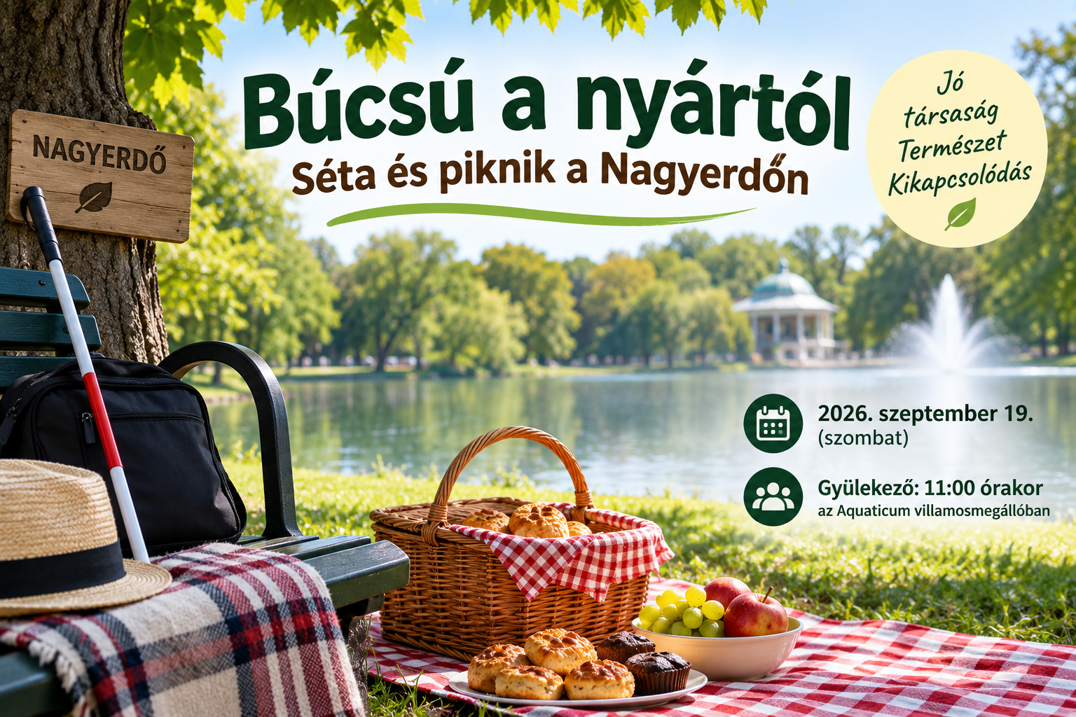 Búcsú a nyártól – séta és piknik a Nagyerdőn: tóparti piknik kosárral, süteményekkel, pléddel és fehér bottal, a háttérben a Nagyerdő és a Békás-tó.