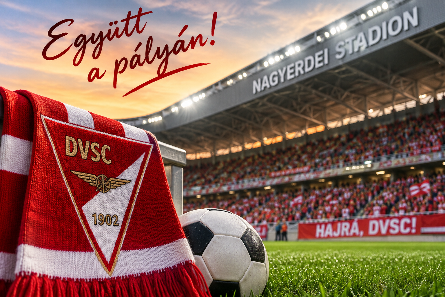 DVSC-sál és futball-labda a Nagyerdei Stadion gyepén, háttérben a kivilágított stadion és a szurkolókkal megtelt lelátó