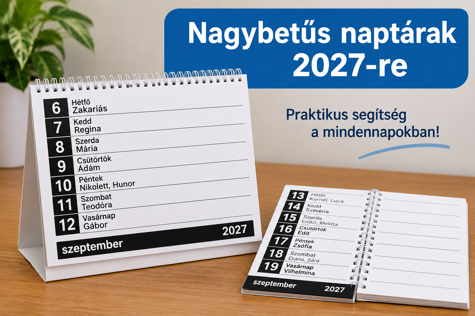 Nagybetűs, 2027-es asztali naptár kétféle kivitelben, fehér asztalon. Az egyik naptár álló, spirálozott kivitelben látható szeptemberi oldallal, a másik fekvő formátumú, nyitott naptár. A háttérben kék felirat: „Nagybetűs naptárak 2027-re – Praktikus segítség a mindennapokban!”