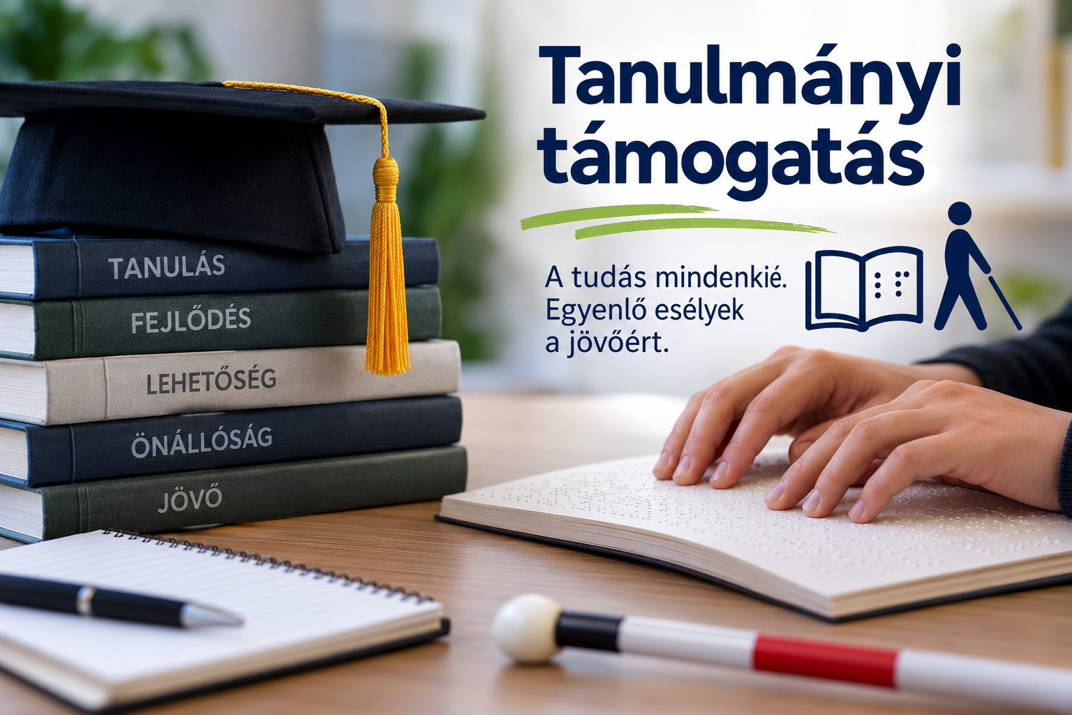 Tanulmányi támogatás látássérült tanulóknak: könyvek, diplomaosztó sapka, Braille-írásos könyv és fehér bot látható egy tanulási környezetben.
