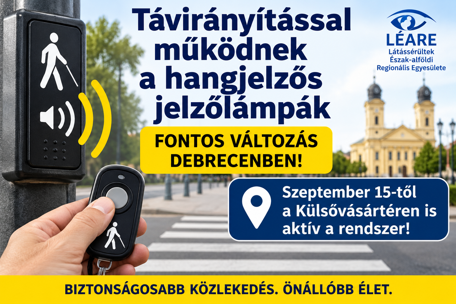 Figyelemfelhívó kép a Debrecenben működő, távirányítással aktiválható hangjelzős jelzőlámpákról. A képen gyalogos-átkelőhely, hangjelző berendezés és egy kézben tartott távirányító látható. A felirat kiemeli, hogy 2026. szeptember 15-től a Külsővásártérnél is aktív a rendszer. A kép üzenete: „Biztonságosabb közlekedés. Önállóbb élet.”