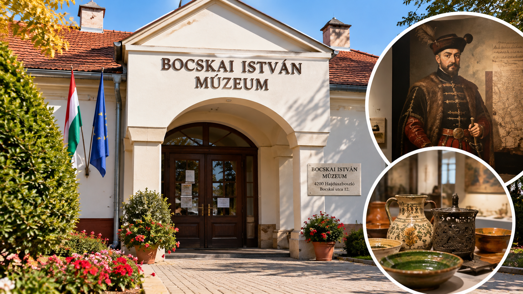 A hajdúszoboszlói Bocskai István Múzeumot szemléltető illusztráció. A világos épület bejárata fölött a múzeum neve olvasható, mellette magyar és európai uniós zászló látható. A kép jobb oldalán két kör alakú részlet Bocskai István portréját és régi kerámiatárgyakat mutat be.