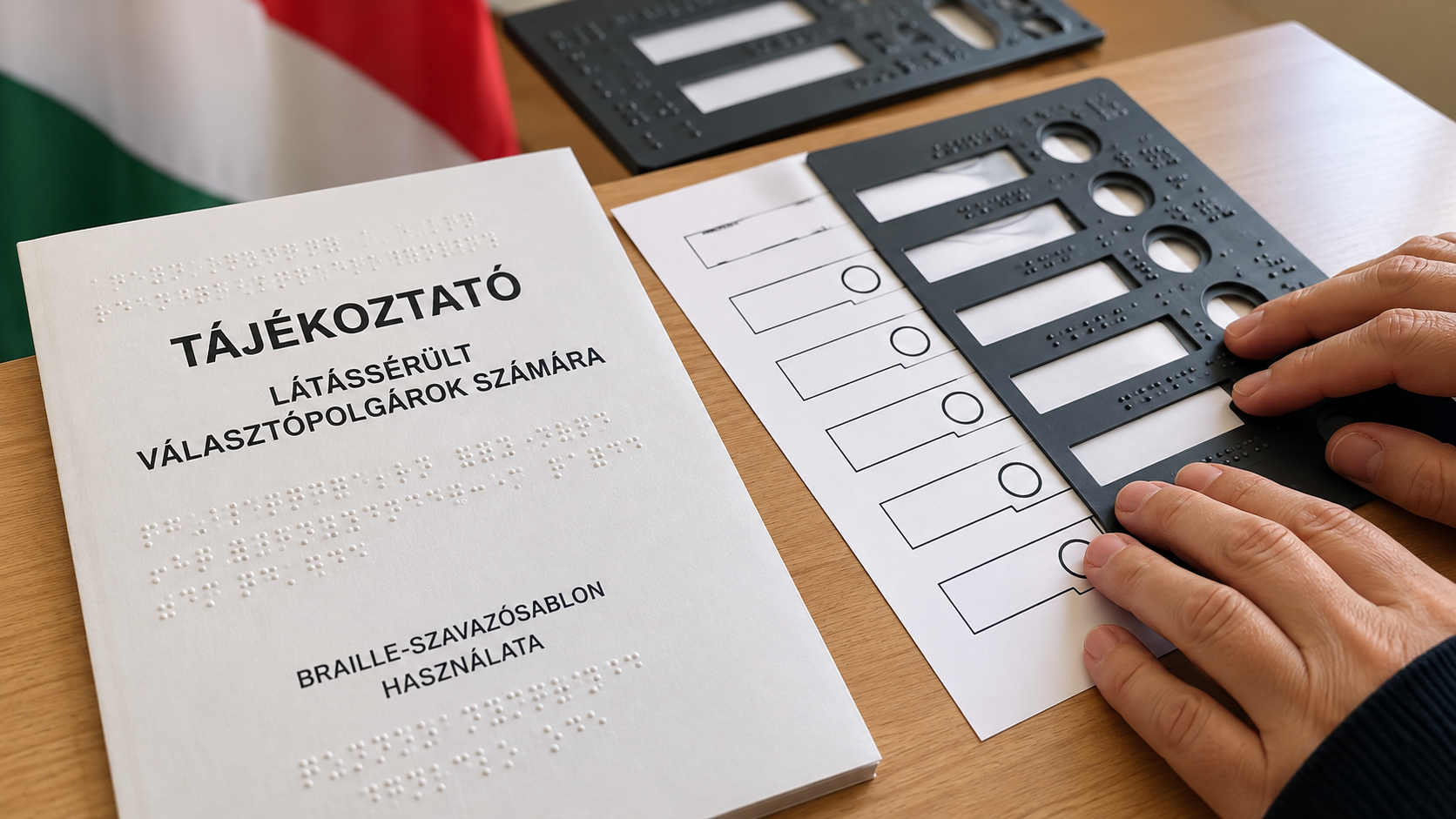 Braille-írásos szavazósablonok és tájékoztató füzet egy asztalon. Egy személy kezével tapintja a szavazólapra helyezett, kivágásokkal és Braille-jelölésekkel ellátott sablont. A háttérben magyar nemzeti színek láthatók.