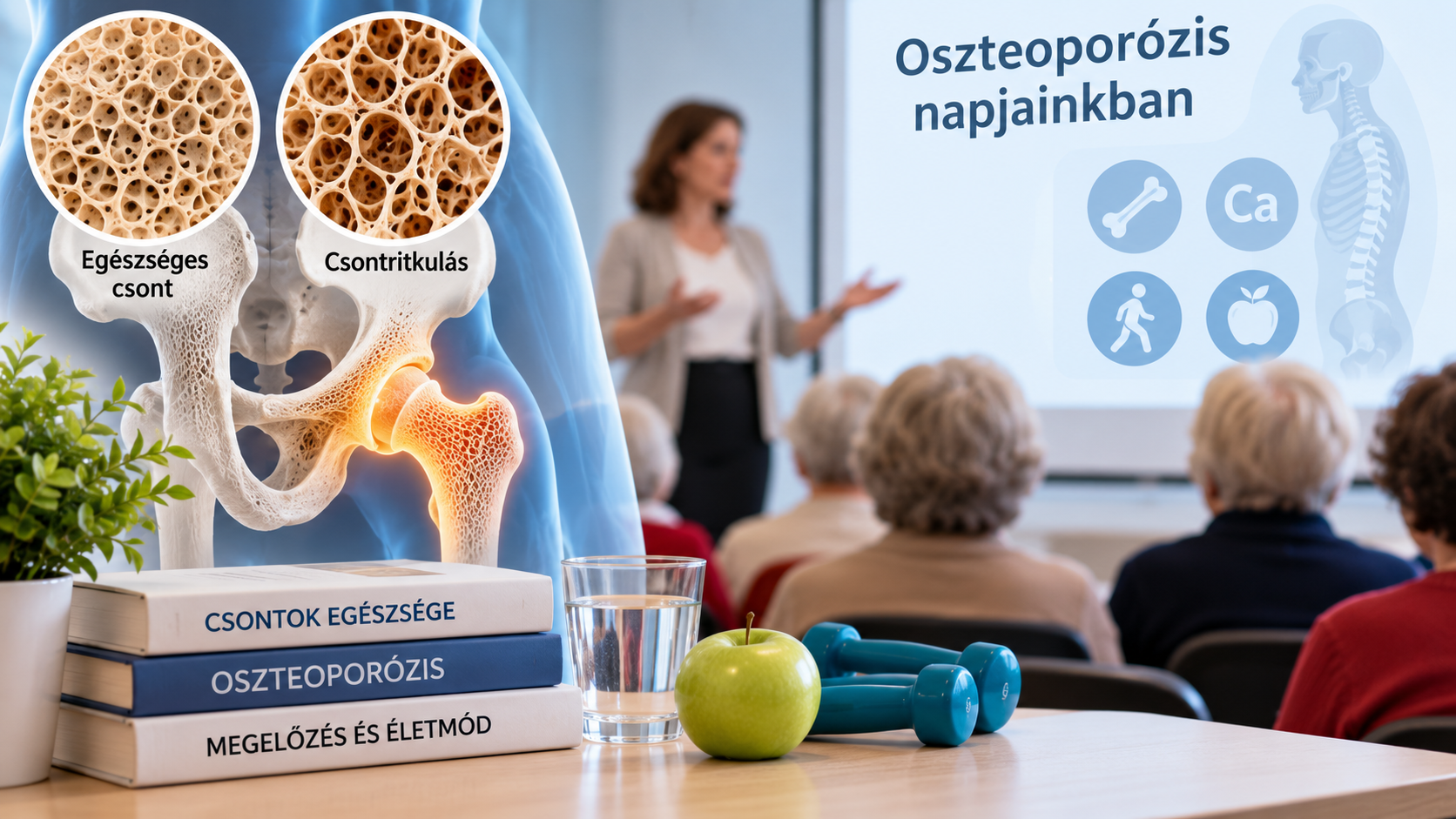 Csontritkulásról szóló egészségügyi előadást bemutató illusztráció. A kép bal oldalán az egészséges és a csontritkulásos csont szerkezetének összehasonlítása látható. A háttérben egy előadó idősebb résztvevőknek tart tájékoztatót. Az előtérben egészségügyi könyvek, alma, víz és kézisúlyzók találhatók.