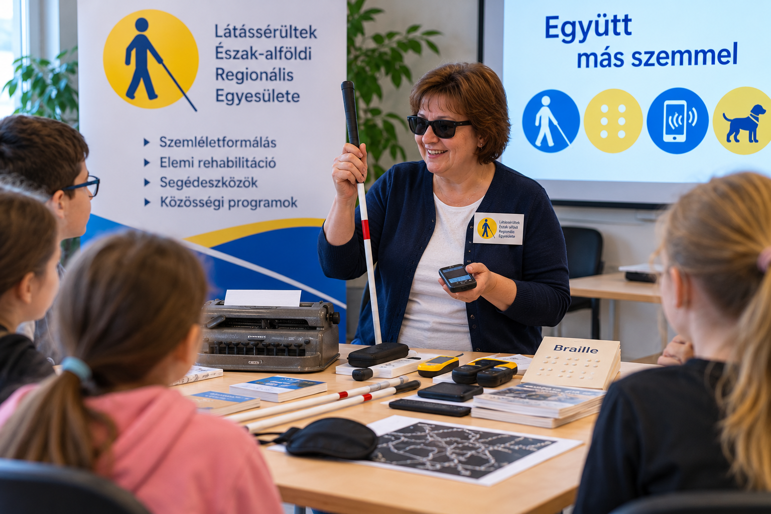 Szemléletformáló foglalkozást bemutató illusztráció, amelyen egy látássérült előadó fehérbotot és segédeszközöket ismertet iskolás gyermekeknek. Az asztalon Braille-íráshoz kapcsolódó eszközök, fehérbotok és tájékoztató anyagok láthatók