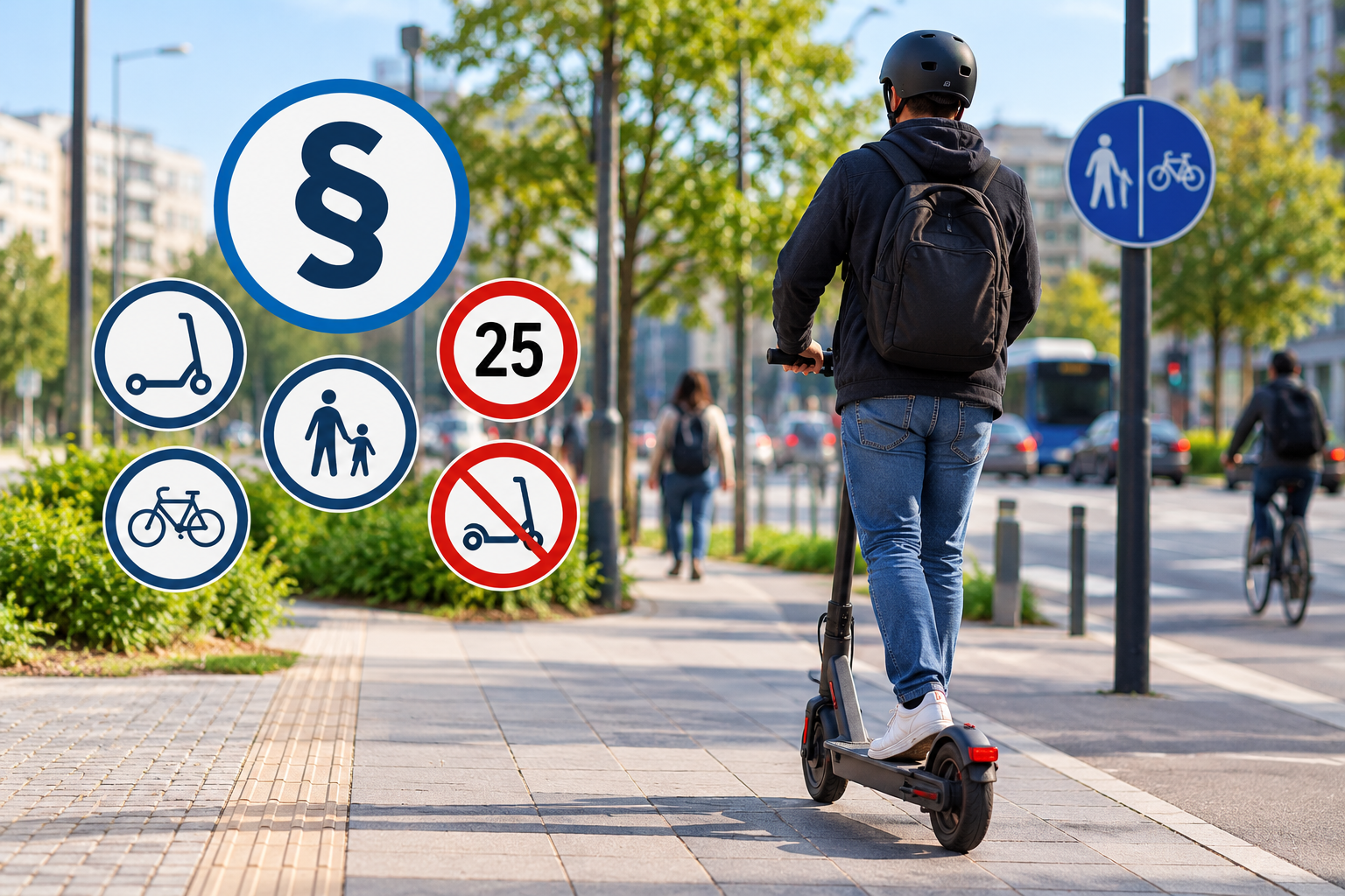 Elektromos rollerrel közlekedő, bukósisakot viselő férfi egy városi járdán. A kép bal oldalán a rolleres közlekedés szabályozását szemléltető közlekedési és jogi jelképek láthatók