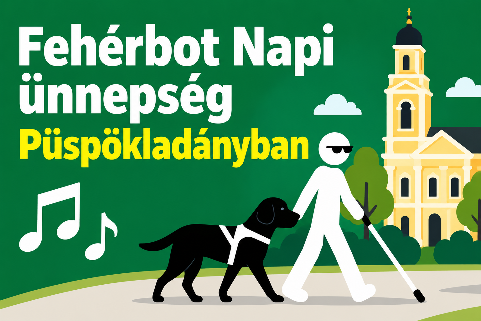 Fehérbot Napi ünnepség Püspökladányban. Zöld háttéren nagy, fehér és sárga felirat olvasható. Az előtérben fehérbottal közlekedő látássérült személy látható fekete vakvezető kutyával. A zenés ünnepséget fehér hangjegyek jelképezik, a háttérben pedig egy templom stilizált képe szerepel.