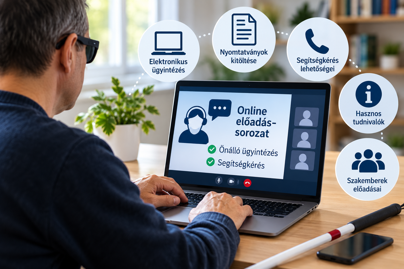 Látássérült férfi laptopon követ egy online előadást az önálló ügyintézésről és a segítségkérés lehetőségeiről. A számítógép mellett fehérbot és okostelefon látható, a képen pedig az elektronikus ügyintézést és a tájékozódást segítő jelképek jelennek meg