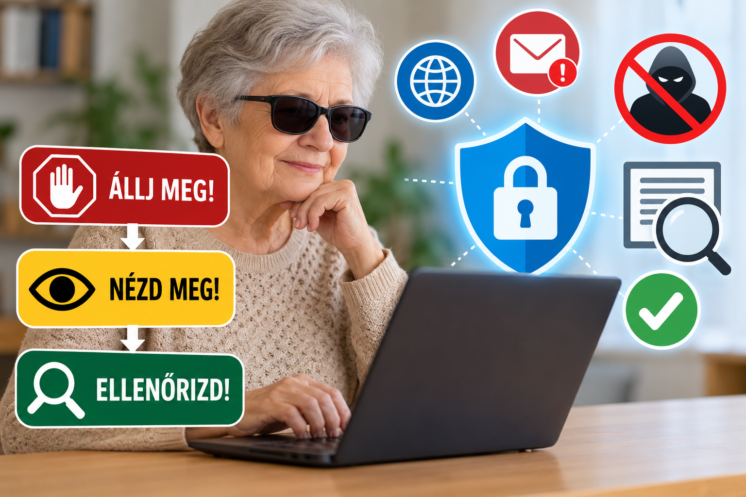 Idős, napszemüveget viselő nő laptopot használ. Mellette az internetbiztonságot jelképező lakat, pajzs és figyelmeztető ikonok láthatók, valamint a három fontos tanács: „Állj meg! Nézd meg! Ellenőrizd!”